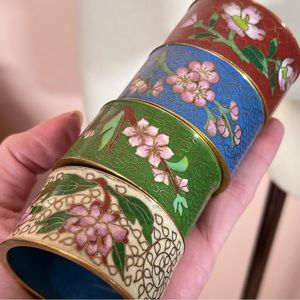 Vintage Gold Cloisonné Enamel Bohemian floral napkin rings set of four